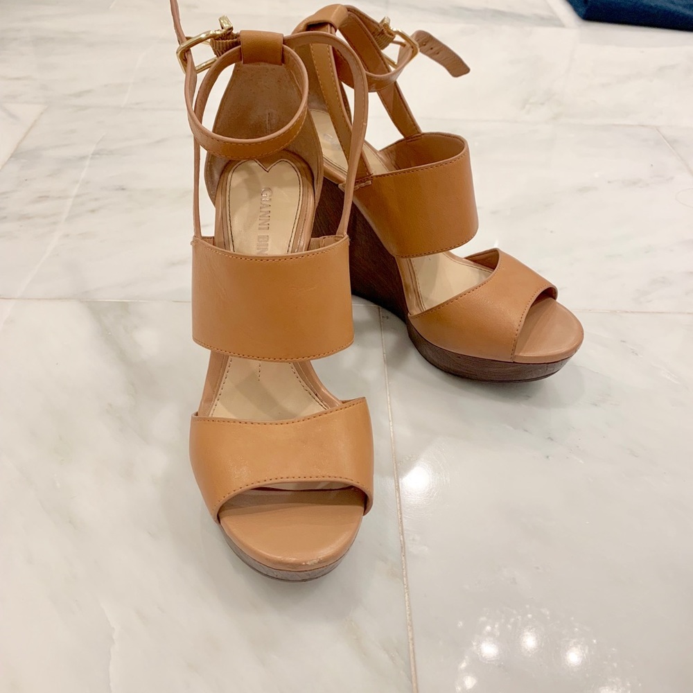 Tan, leather wedge sandals